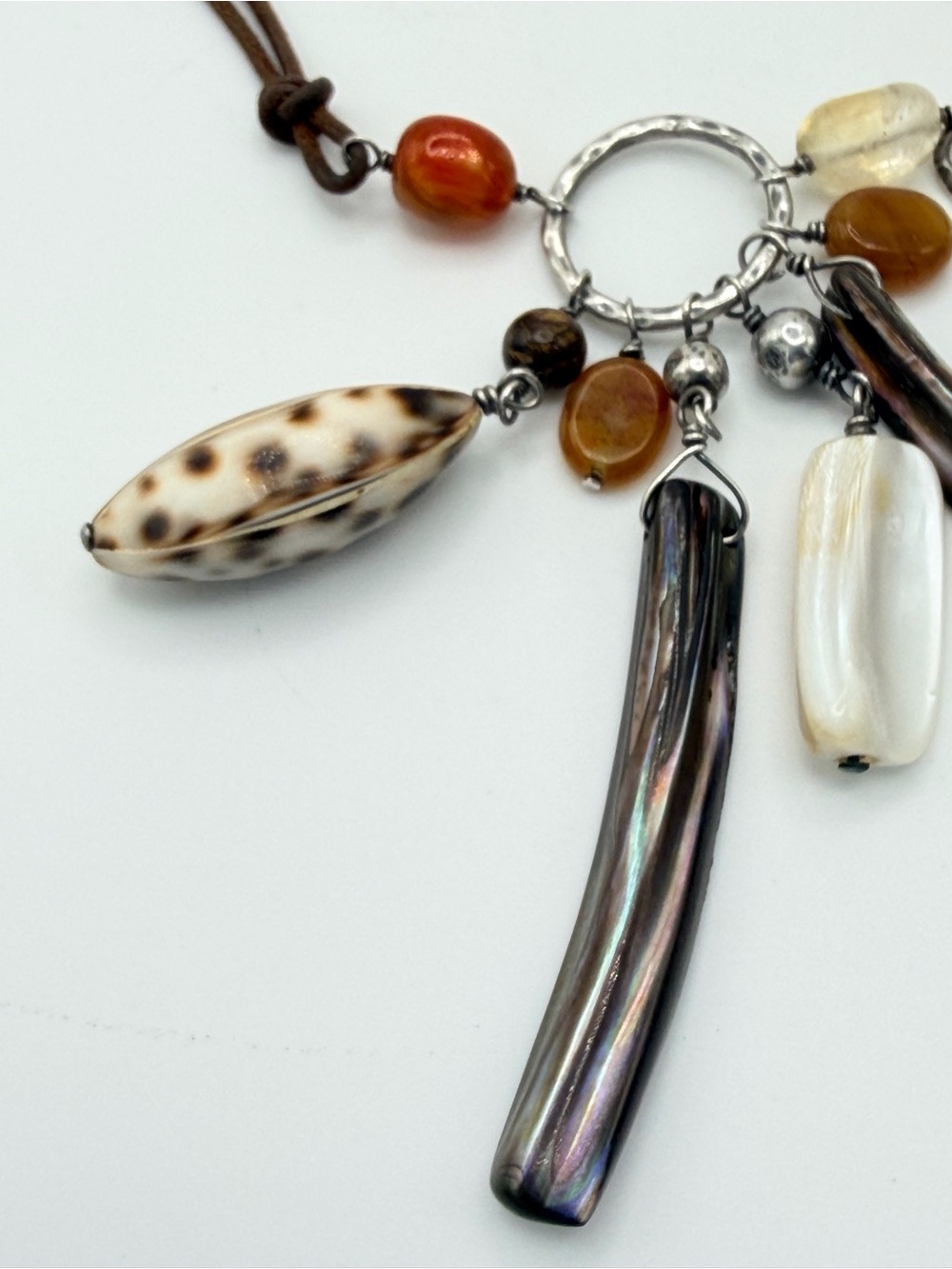 Silpada Vintage Sterling & Leather Citrine, Carnelian & Shell Necklace - Picture 6 of 16